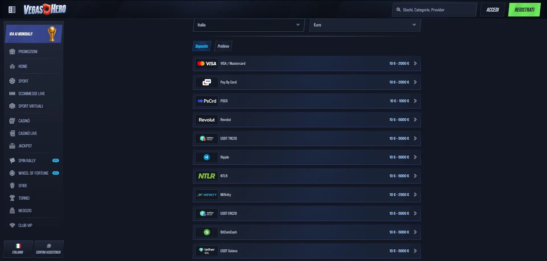 VegasHero Casino metodi pagamento deposito prelievo sicuro Italia